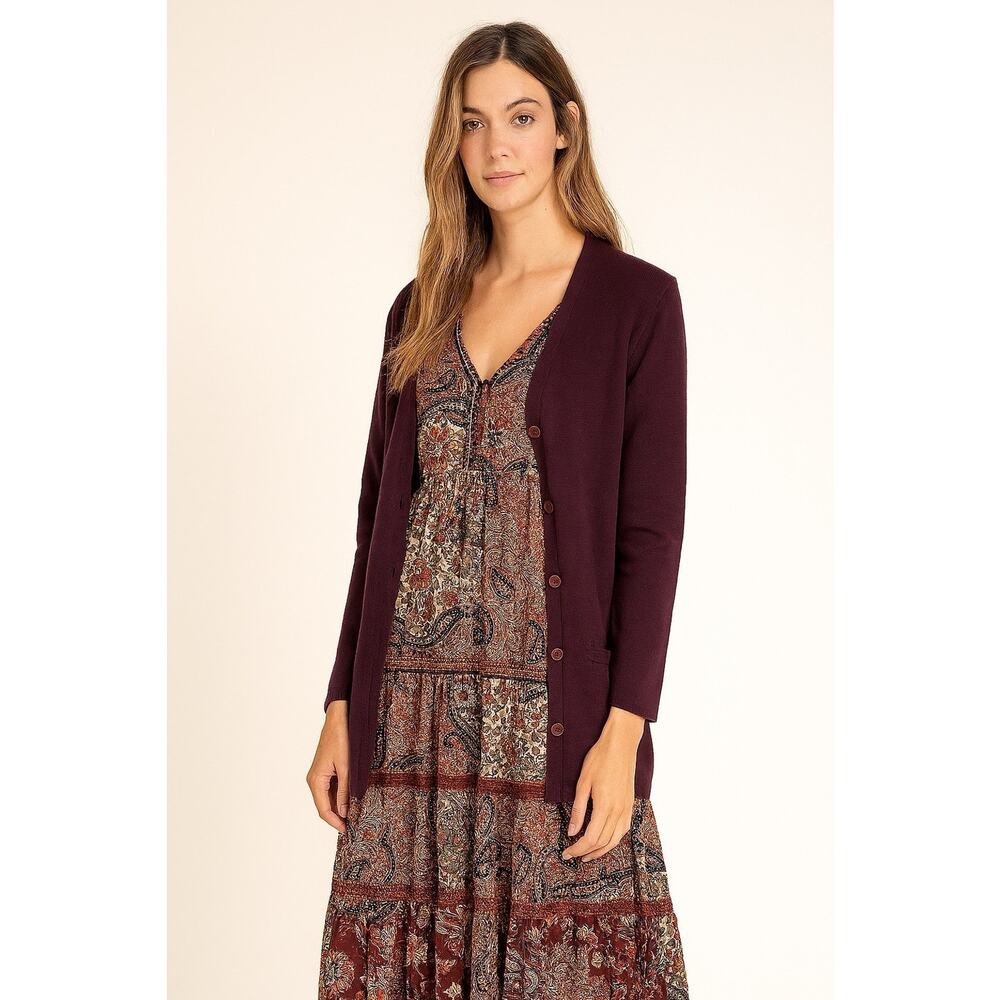 Merino Wool Cardigan Sweater Atlantique Button Down V-Neck Plum Purple Medium